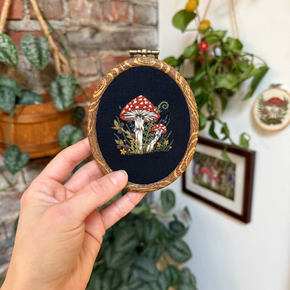 Hand-Embroidered Mushroom Hoop Wall Art